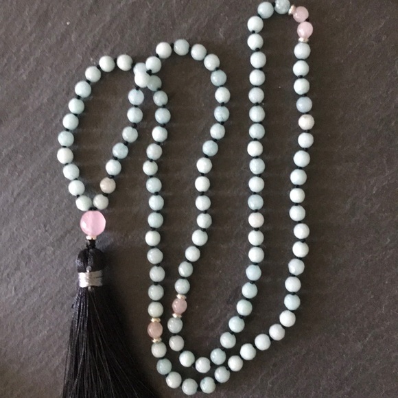 Genuine Aquamarine and Rose Quartz Mala necklace - Picture 4 of 7